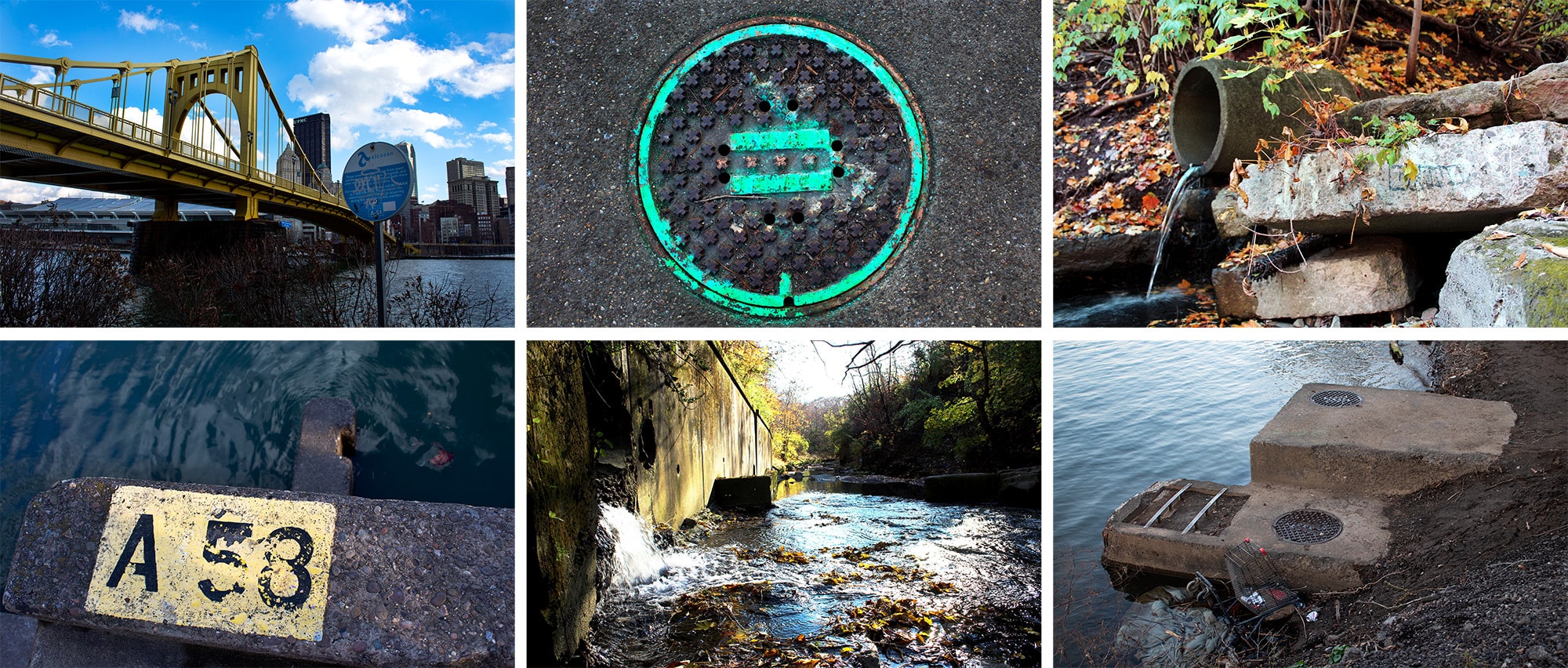 A collage of Ortiz de Zárate's photographs documenting Pittsburgh's water system