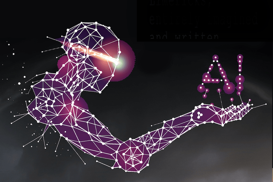 image shows a human shaped from stars and lines with hand extended, holding the letters AI