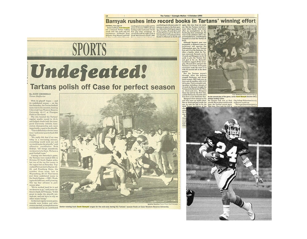 Newspaper clippings and football photos