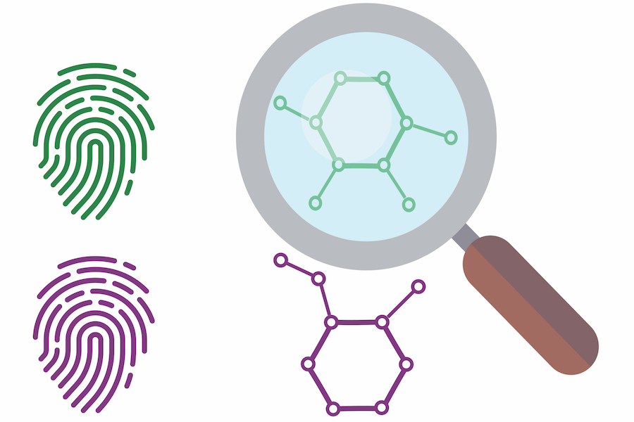 image shoes two illustrated thumb prints, a molecule and a magnifying glass