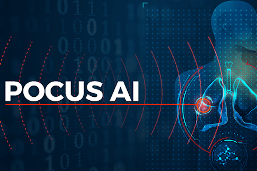 computer generated binary code with image of human form. Image shows lungs and the letters POCUS AI