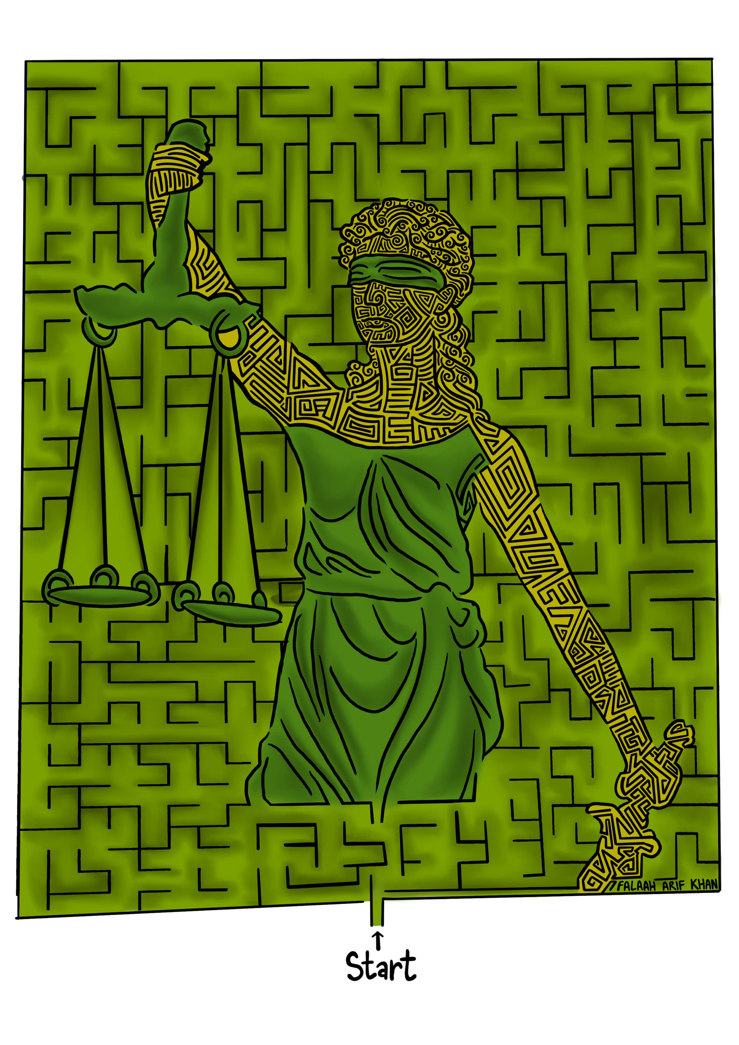 Maze overlaying female personification of Justice who is blindfolded and carrying scales