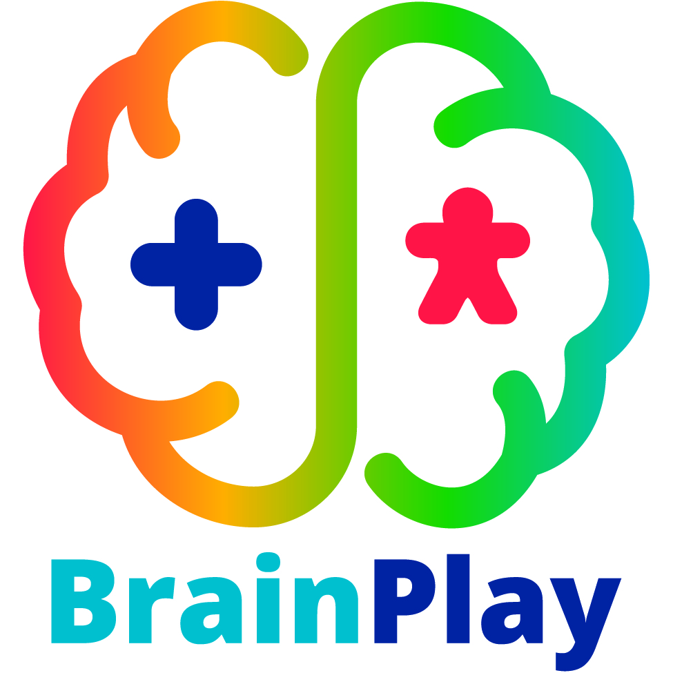 Brain Play conference logo with a rainbow colored outline of a brain with a blue game controller and a red meeple inside