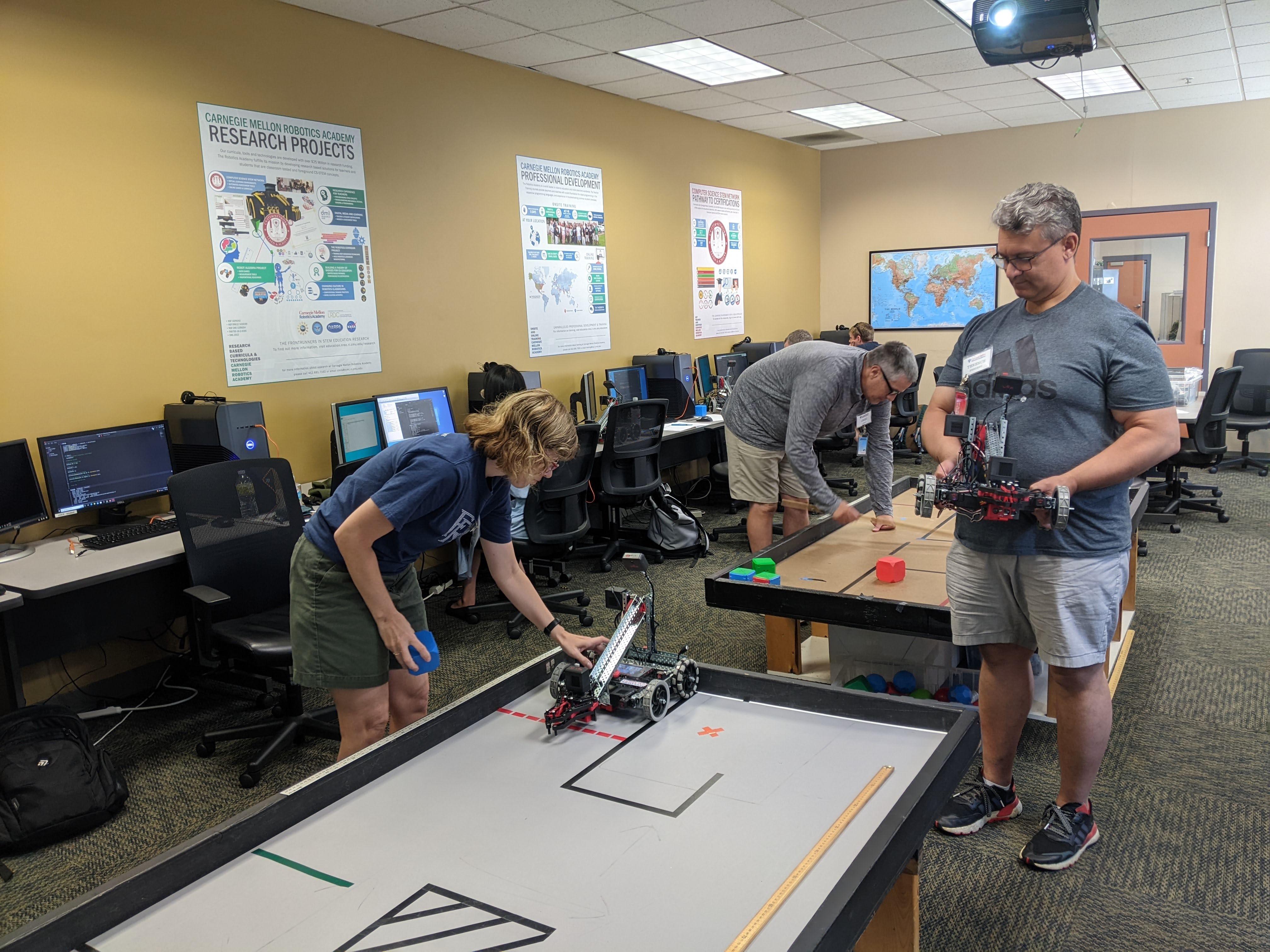 educators test their robot during Carnegie Mellon Robotics Academy training at the National Robotics Engineering Center in Pittsburgh