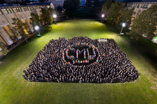 Aerial photo over campus cut of first-year students forming a large CMU