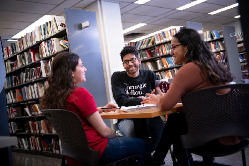 Students sitting a table in the library having a discussion