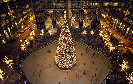 Aerial shot of the PPG Place skating rink at night