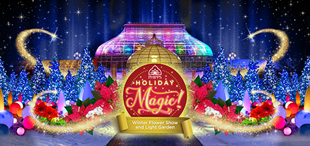Phipps Holiday Magic Logo with image of the glass greenhouse in snow with glitter