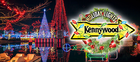 Holiday light display in Kennywood with Kennywood Holiday Light's logo overlaid