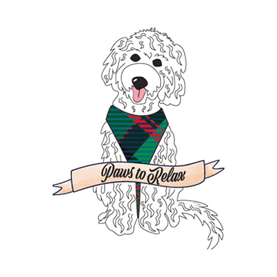 Paws to Relax graphic, white curly haired dog wearings a CMU blue, green, and red plaid scarf, and a banner saying Paws to Relax