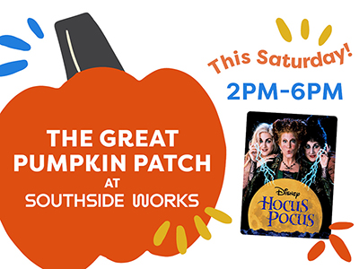 Pumpkin graphic with image of Hocus Pocus movie poster on right