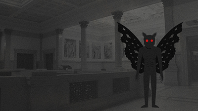 Image of Mothman with glowing red eyes in a dark museum hallway