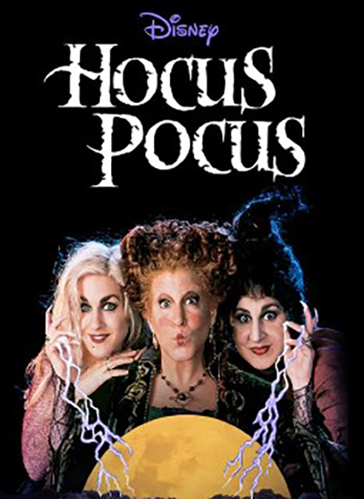 Hocus Pocus movie poster with the three witches in colorful costumes