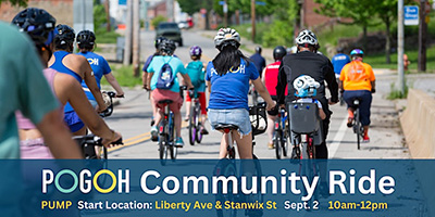 Event poster with an image of bike riders and text POGOH Community Ride, start location Liberty Ave. and Stanwix Street, Sept. 2 10 a.m. to 12 p.m.