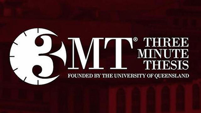 3MT clock logo with text 3MT Three Minute Thesis founded by the University of Queensland
