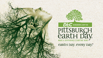Decorative poster of a person whose hair  is morphing into a tree and text Pittsburgh earth day. Make a difference starting now. Earth day, every day.