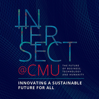 Intersect Conference graphic with navy plaid background, and text reading Intersect@CMU the future of business, technology and humanity, innovating a sustainable future for all