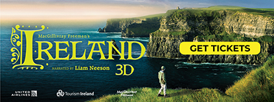 Banner with picture of cliffs overlooking the sea in Ireland 3D and text MacGillivray's Ireland Narrated by Liam Neeson