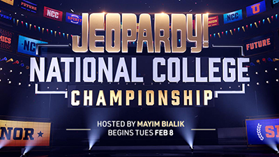 Decorative Graphic with text Jeopardy! National College Championship Hosted by Mayim Bialik