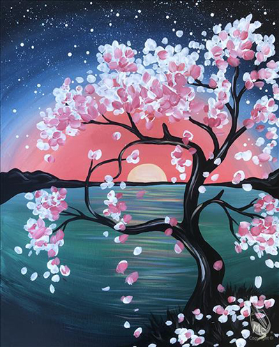 Painting of a cherry blossom tree in front of water