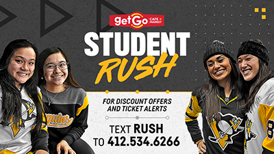 Student Rush graphic, with text Student Rush for discount offers and ticket alerts text RUSH to 412-534-6266