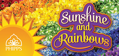 Event logo with rainbow made of flowers and text Sunshine and Rainbows
