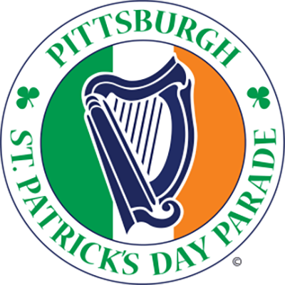 St. Patrick's Day Parade logo with Irish flag and harp