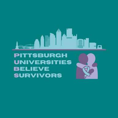 Poster for the survivors walk with the outline of the city and two people hugging, with text Pittsburgh Universities Believe Survivors