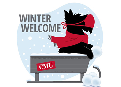 Winter Welcome banner, with Scotty sitting on a sled
