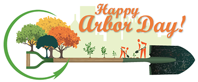 Decorative logo of a shovel and trees and text that reads Happy Arbor Day