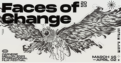 Event poster with an drawing of an imaginary flying creature and the text Faces of Change 2023, March 16 to April 2