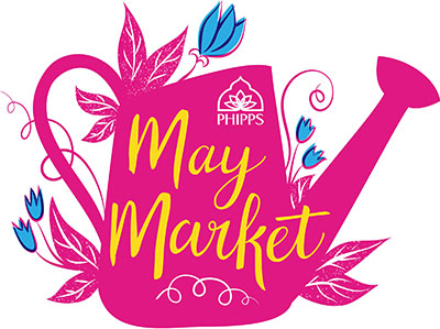 Graphic of a pink watering can with flowers around it, and text that reads May Market