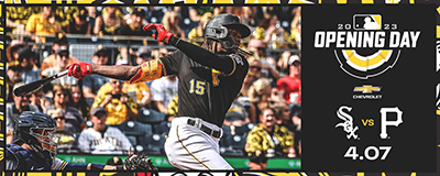 Event graphic with a picture of pirates player Andrew McCutchen hitting a baseball, and text Opening Day 2023, white sox logo vs pirates logo, on 4/7