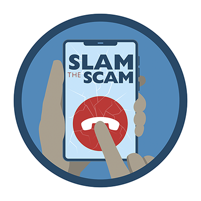 Blue logo of a hand holding a smartphone and the text Slam the Scam on the screen