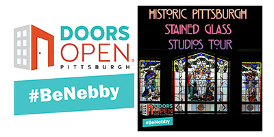 Event graphic with image of a stained glass and Doors Open logo and text that reads Doors open pittsburgh #BeNebby Historic Pittsburgh Stained GLass Studio Tour