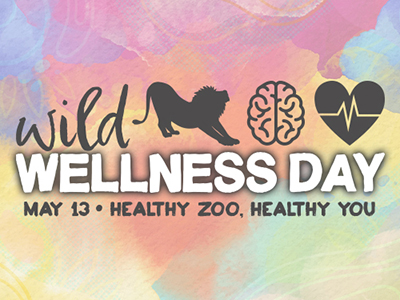 Event graphic with graphics of a lion, a brain, and heart with text that reads Wild Wellness Day, May 13, healthy zoo, healthy zoo