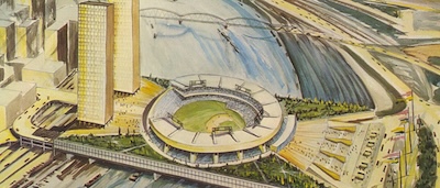 Sketch of downtown pittsburgh and a sports stadium suspended over one of the rivers
