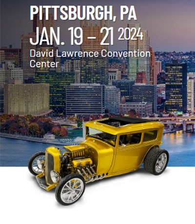 Image of a hod rod car overlaid over a picture of the pittsburgh skyline with text Pittsburgh PA Jan. 19 to 21 david lawrence convention center
