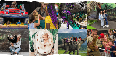 Image collage with families, kids, and adults interacting with dinosaurs at the event