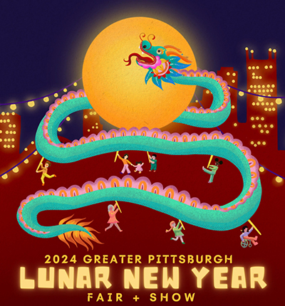 Event poster with text 2024 greater pittsburgh lunar new year fair and show, and image of a dragon and dancers infront of a skyline