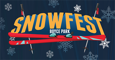 Event poster with text snowfest boyce park and graphic of skis