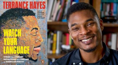 Event poster with the cover of Terrance Hayes' book Watch Your Language on the left and an image of the author on the right