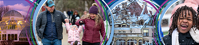 Image of the Frick museum in winter, and a family picking up a child, and a smiling person