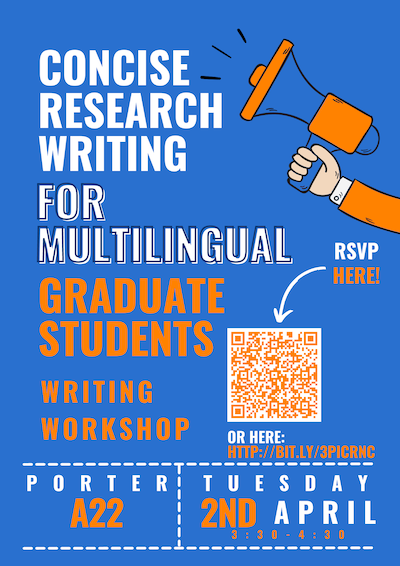 Event poster with text concise research wirting for multilingual graduate students writing workshop, porter a22, on tuesday april 2 from 3:30 to 4:30