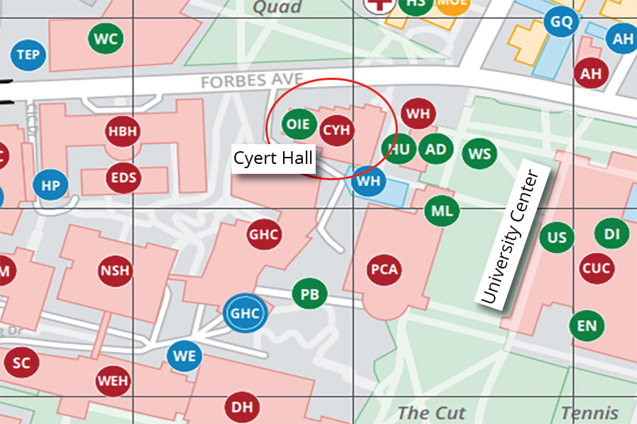 close up of a campus map showing Cyert Hall