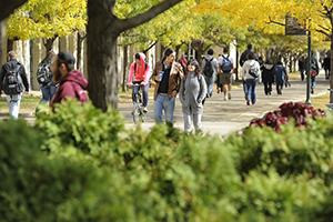 Students walking on campus in the sun