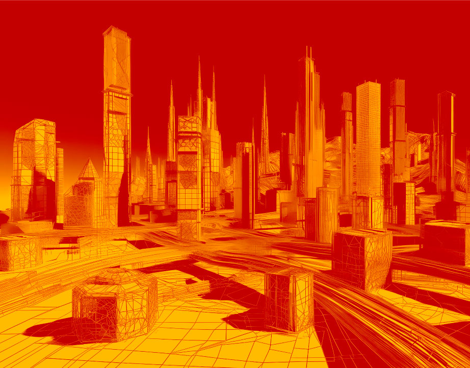 A cityscape graphic outlined with yellow lines on a red background.