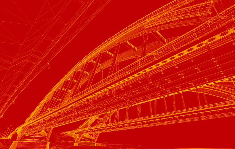 A graphic of a bridge where the image is outlined in yellow on a red background.