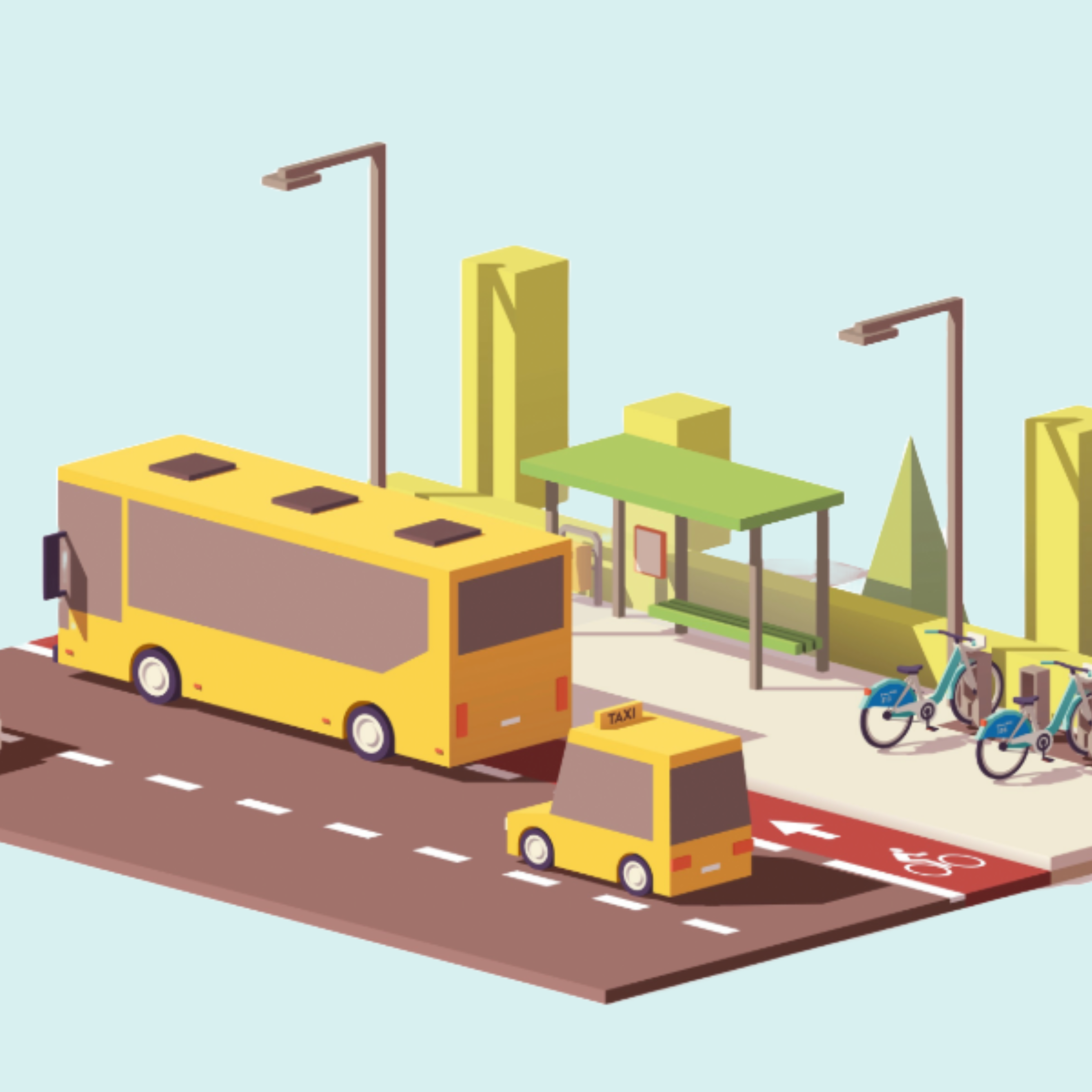 Animated road with car and bus