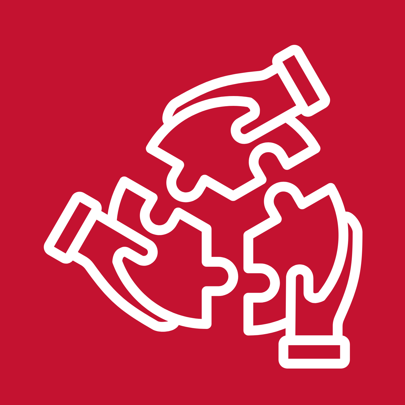 white icon on red background of three hands holding puzzle pieces